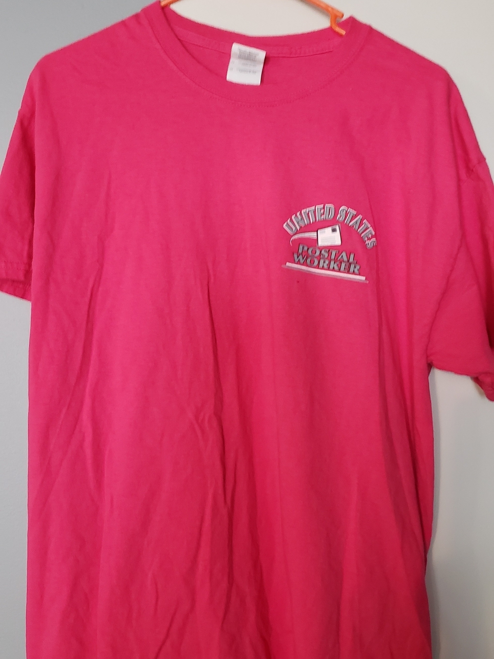 Gildan Hot Pink Crew Neck T-Shirt with Postal Worker On Chest